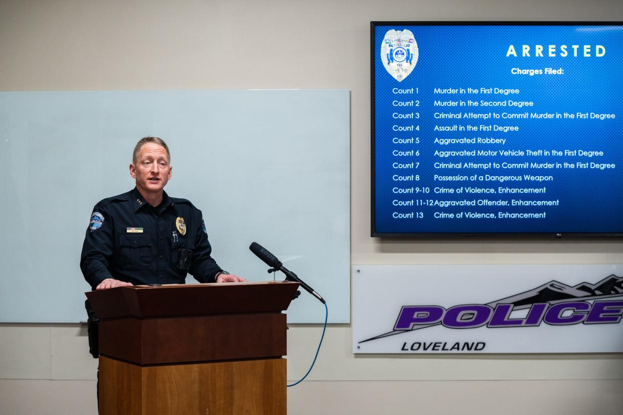 Tim Doran, Loveland Police Department chief, speaks at a Monday afternoon press conference about the Jan. 20 shooting in Loveland that left one teenager dead and another injured. The department has arrested three 15-year-olds from Greeley in connection to the case.