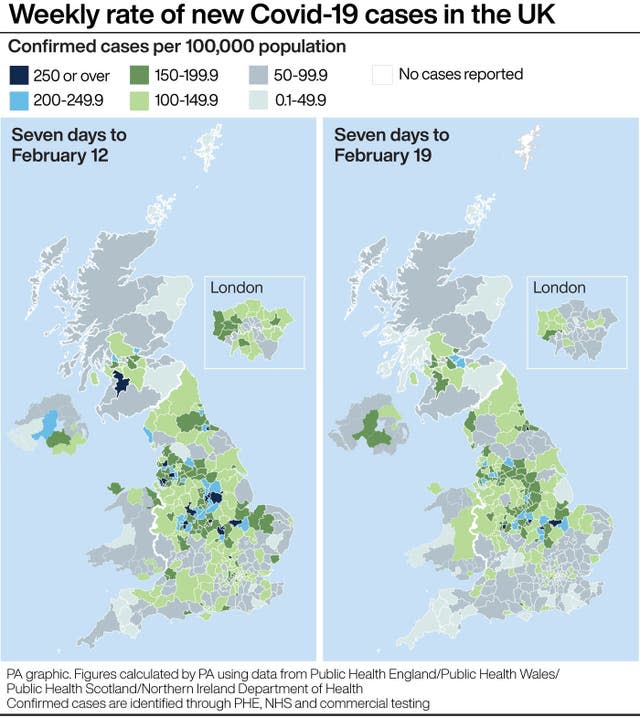 Weekly rate of new Covid-19 cases in the UK