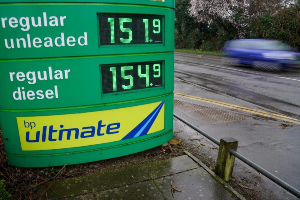 Fuel prices at a BP petrol station in Warwick. as average UK petrol prices exceeded £1.51 for the first time (PA)