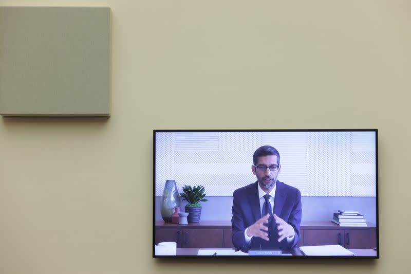 Google CEO Sundar Pichai speaks via video conference before the House Judiciary Subcommittee on Antitrust, Commercial and Administrative Law on "Online Platforms and Market Power" on Capitol Hill