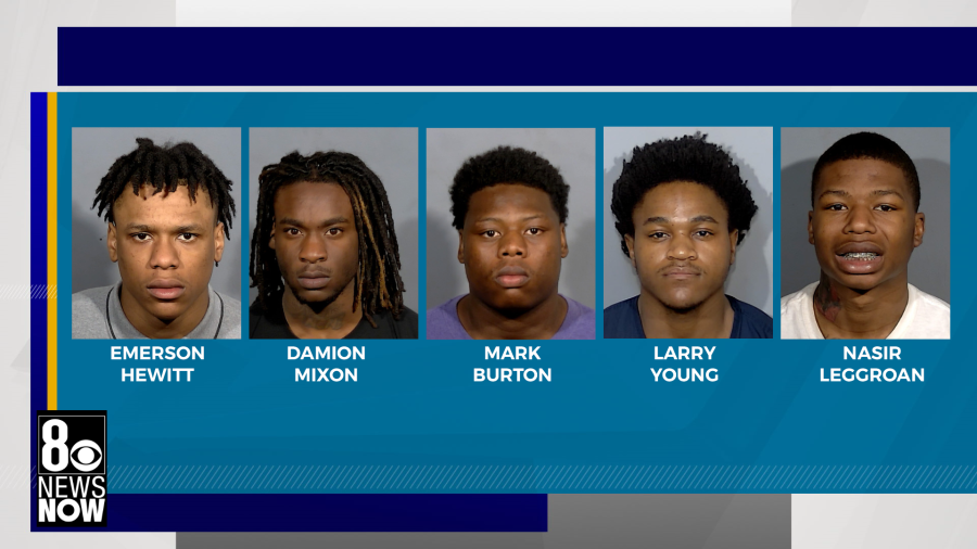 Emerson Hewitt, 18, Damion Mixon,18, Larry Young, 18, Mark Burton, 20, and Nasir Leggroan, 20, were all identified as suspects in the deaths of Deanna Marie Diaz, 24, and Samiir Smith, 19. (LVMPD)