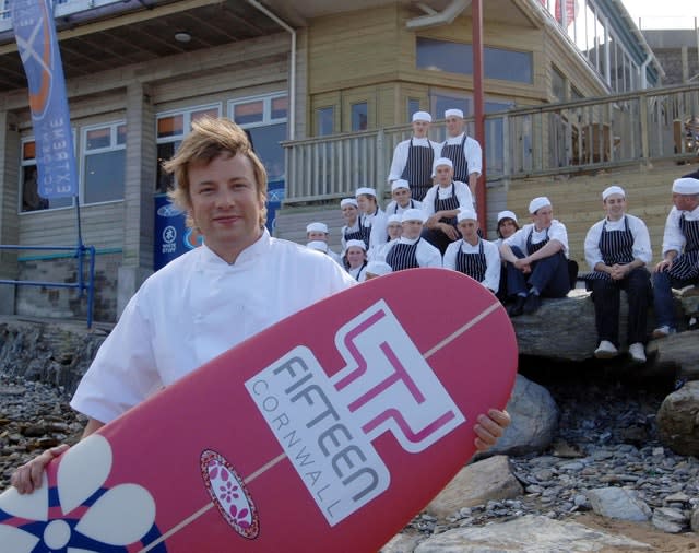 Jamie Oliver outside Fifteen Cornwall at Watergate Bay 