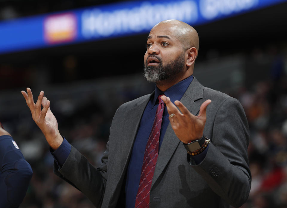 FILE - In this a, Memphis Grizzlies head coach J.B. Bickerstaff reacts in the second half of an NBA basketball game against the Denver Nuggets in Denver. The Grizzlies fired Bickerstaff on Thursday, April 11, 2019. (AP Photo/David Zalubowski, File)