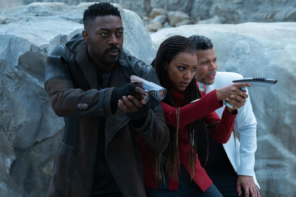 L-R David Ajala as Book, Sonequa Martin-Green as Burnham and Wilson Cruz as Culber in Star Trek: Discovery, season 5, streaming on Paramount+, 2023. Photo Credit: Marni Grossman /Paramount+