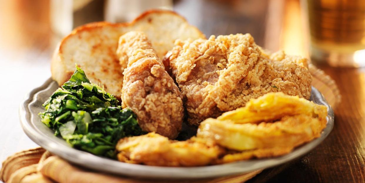 southern soul food with fried chicken and collard greens