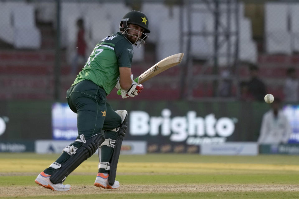 Pakistan's Agha Salman plays a shot during the fourth one-day international cricket match between Pakistan and New Zealand, in Karachi, Pakistan, Friday, May 5, 2023. (AP Photo/Fareed Khan)