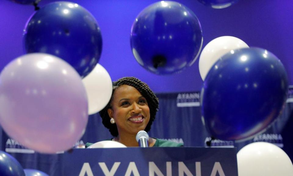 Balloons fall around Democratic candidate for U.S House of Representatives Ayanna Pressley at her primary election night rally in Boston, Massachusetts, U.S., September 4, 2018.