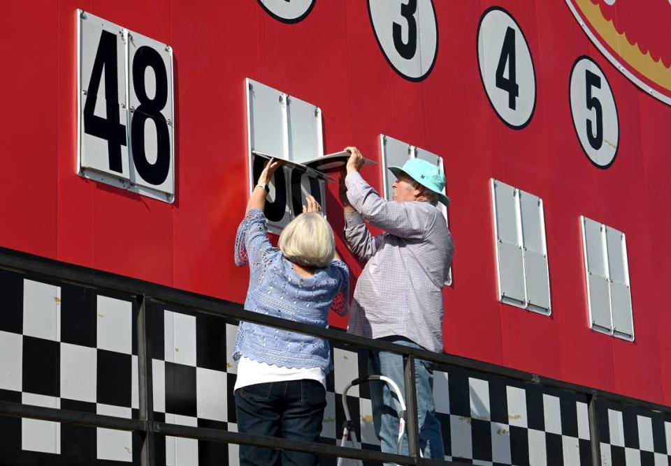 Judy and Ken Brooks worked the leaderboard at North Wilkesboro Speedway during the last race held in 1996. The couple will return to once again change the board by hand during the NASCAR All-Star race to be run on Sunday, May 21, 2023.