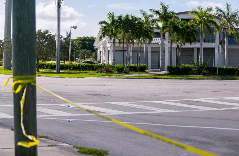 Police work a crime scene near Southwest 127th Avenue and Southwest 280th Street in Homestead, Florida on Monday, June 7, 2021. Three people were killed and three others were injured in a murder-suicide at the Verde Gardens apartment complex near the Homestead Air Reserve Base, police said.