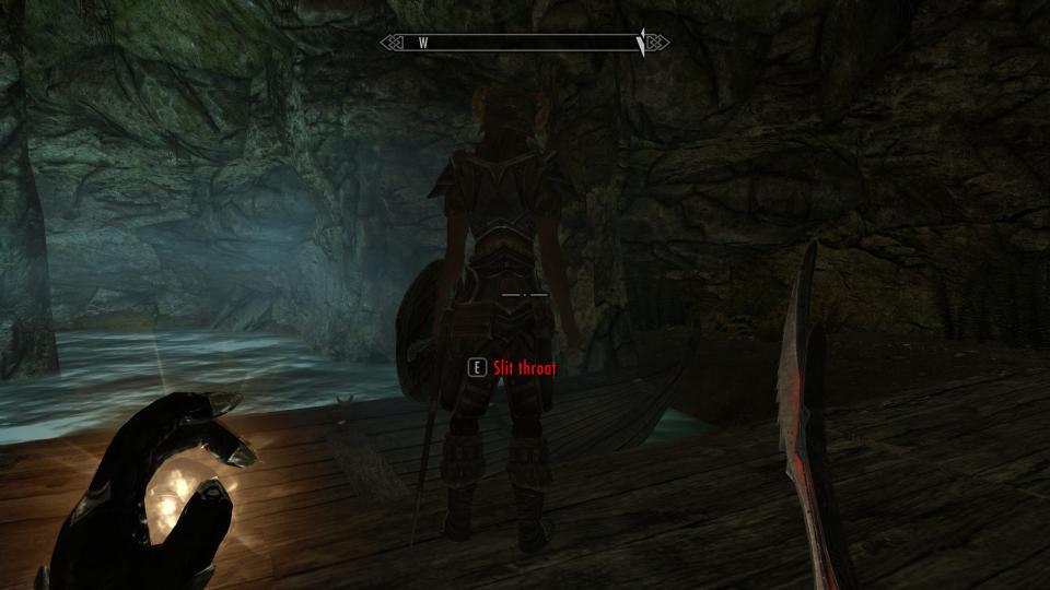 Best Skyrim mods — the player sneaks up behind a bandit in Skyrim, with a prompt from the Sneak Tools mod offering the opportunity to slit the enemy's throat