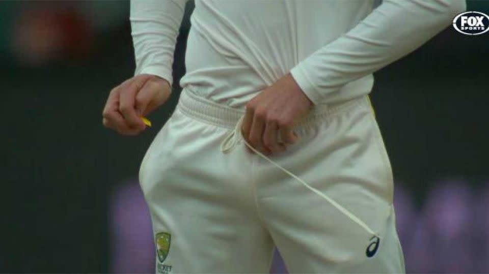 Cameron Bancroft was caught by cameras rubbing a yellow substance on the cricket ball in the Test against South Africa. Source: Fox Sports