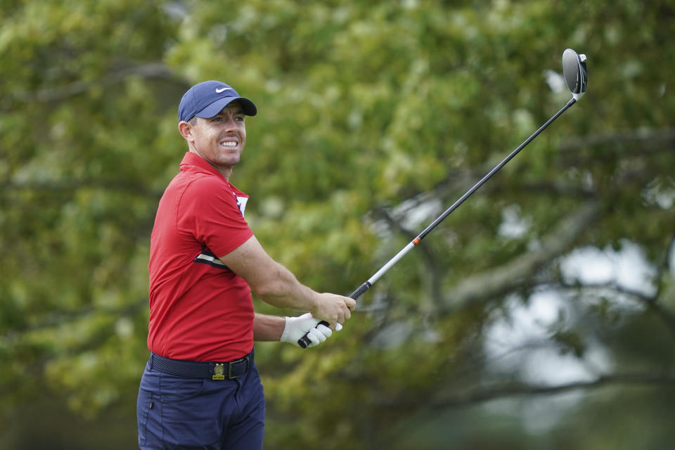 Rory McIlroy practices before the U.S. Open Championship golf tournament, Monday, Sept. 14, 2020, at the Winged Foot Golf Club in Mamaroneck, N.Y. (AP Photo/John Minchillo)