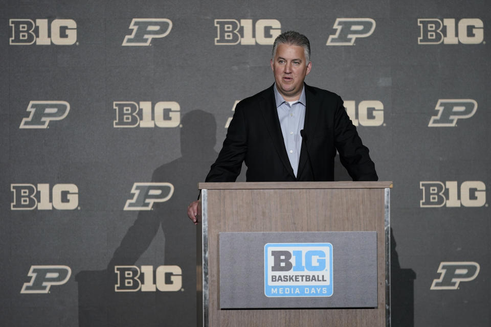 Purdue men's head coach Matt Painter speaks during Big Ten NCAA college basketball Media Days Tuesday, Oct. 11, 2022, in Minneapolis. (AP Photo/Abbie Parr)