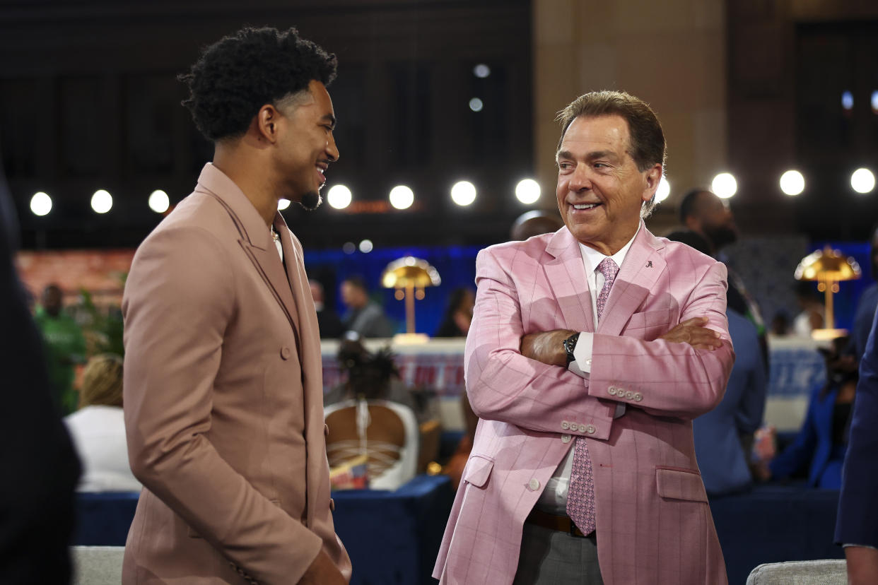 KANSAS CITY, MO - APRIL 27: Alabama head coach Nick Saban talks with Bryce Young in the green room backstage during the first round of the 2023 NFL Draft at Union Station on April 27, 2023 in Kansas City, Missouri. (Photo by Kevin Sabitus/Getty Images)