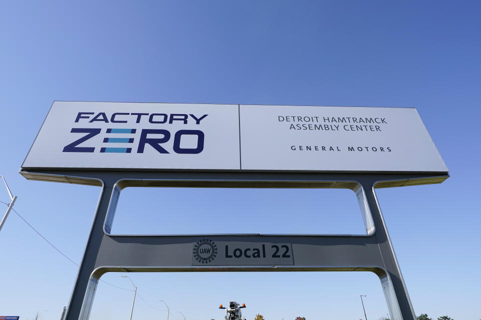 FILE - A sign is seen at General Motors Detroit-Hamtramck assembly plant, on Oct. 16, 2020, in Hamtramck, Mich. The head of the United Nations Antonio Guterres announced the appointment Thursday, March 31, 2022, of an expert panel led by Canada's former environment minister Catherine McKenna to scrutinize whether companies' efforts to curb climate change are credible or mere ‘greenwashing.’ (AP Photo/Carlos Osorio)