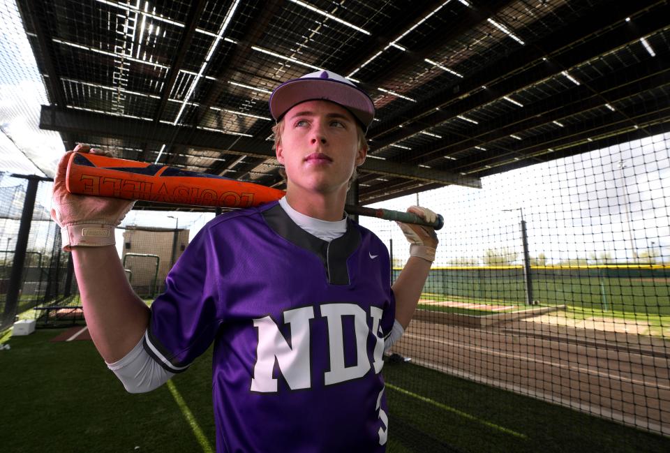 Notre Dame Prep senior shortstop TJ Stottlemyre poses for a portrait prior to a game against Cactus Shadows in Sccottsdale on March 26, 2024.