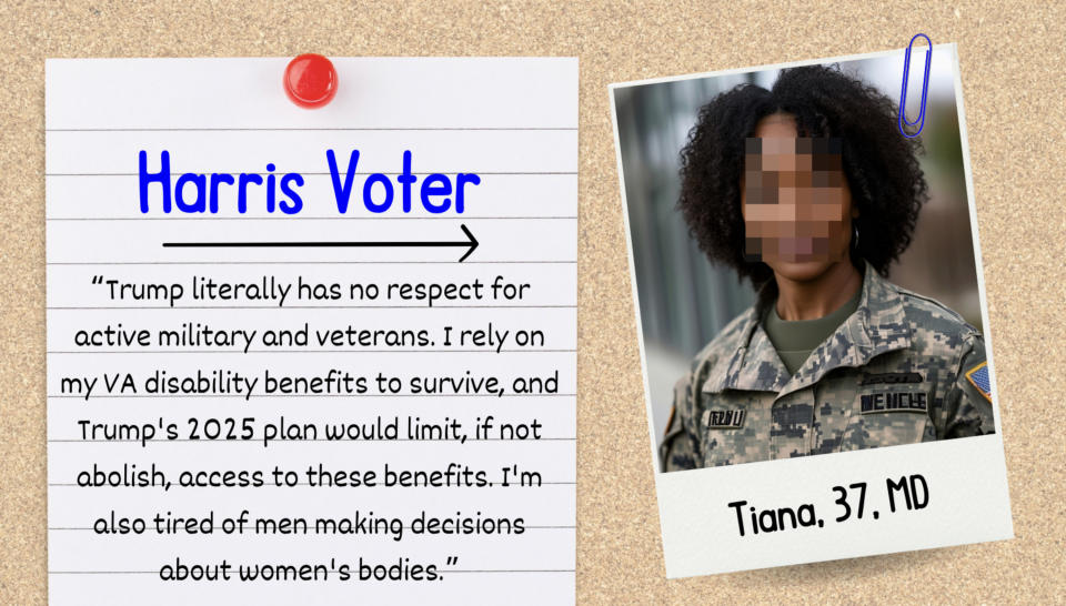 Harris Voter note and photo of Tiana, 37, from MD, in military uniform. The note criticizes Trump's lack of respect for veterans and concerns over his 2025 plan affecting VA benefits