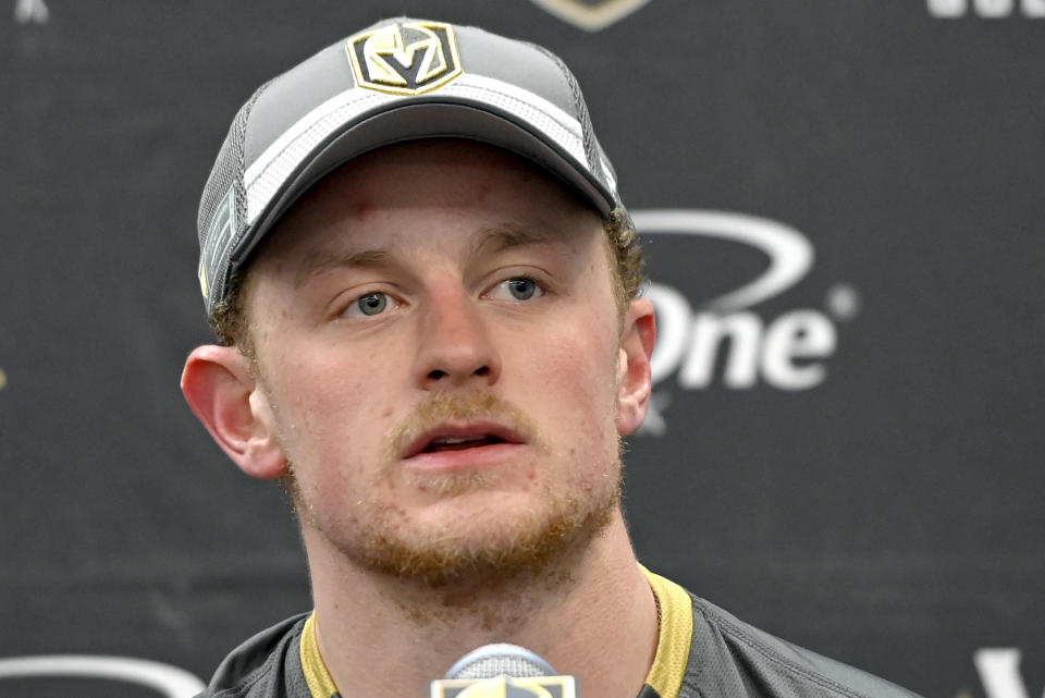 FILE - Vegas Golden Knights center Jack Eichel speaks during a news conference after an NHL hockey game against the Colorado Avalanche Wednesday, Feb. 16, 2022, in Las Vegas. Jack Eichel fought for the right to have a never-been-performed-on-an-NHL-player sort of neck surgery. The sharpshooting center for the Golden Knights by way of the Buffalo Sabres may be doing for backs/necks what Tommy John once did for the elbows of baseball pitchers — save careers. (AP Photo/David Becker, File)