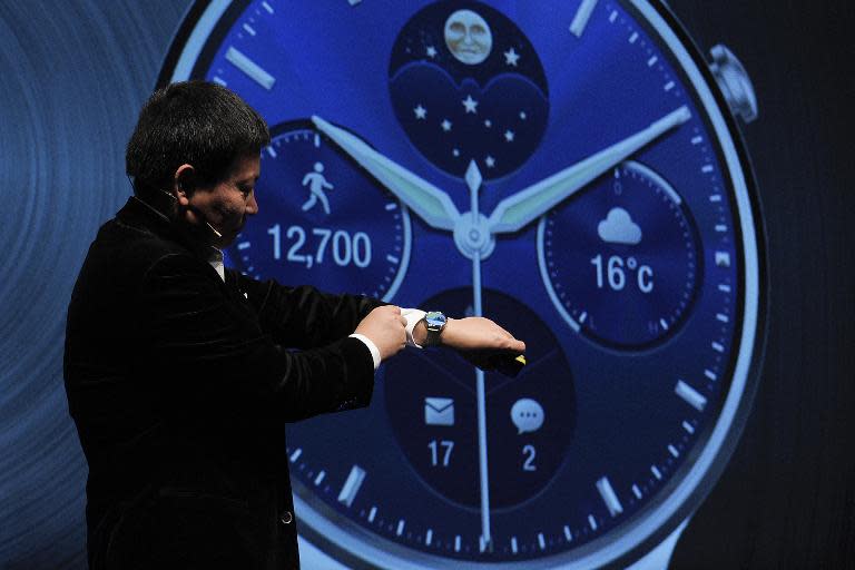 Huawei's Consumer Business Group Chief Executive Officer Richard Yu presents the new "Huawei Watch" in Barcelona on March 1, 2015