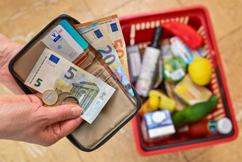 A woman holds money in her hand in front of a full shopping basket of groceries. Patrick Pleul/dpa