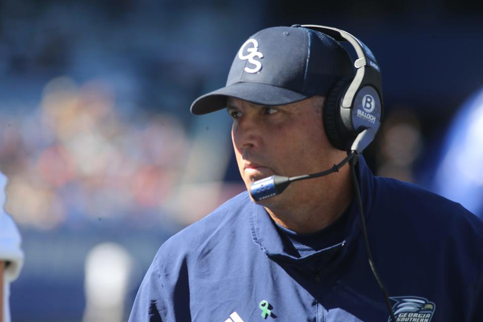 Georgia Southern's first-year head coach Clay Helton watches the action on Oct. 8, 2022, against Georgia State at Center Parc Stadium in Atlanta.