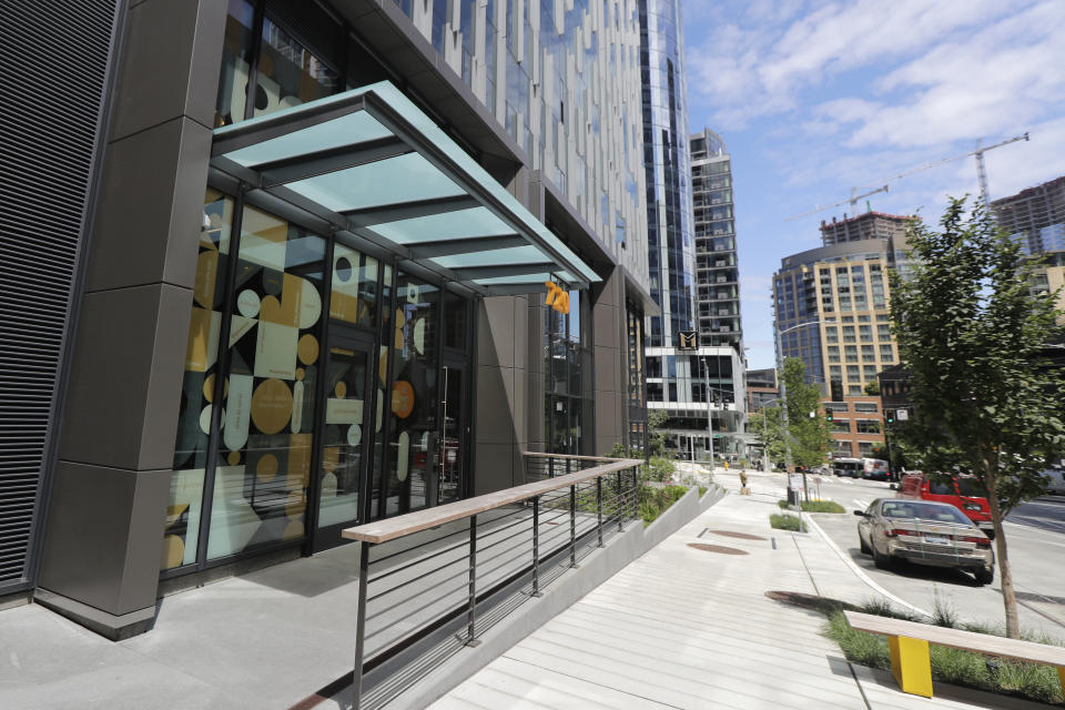 The entrance to Mary's Place, a family homeless shelter located inside an Amazon corporate building on the tech giant's Seattle campus, is shown Wednesday, June 17, 2020. The facility is home to the Popsicle Place shelter program, an initiative to address the needs of homeless children with life-threatening health conditions. (AP Photo/Ted S. Warren)