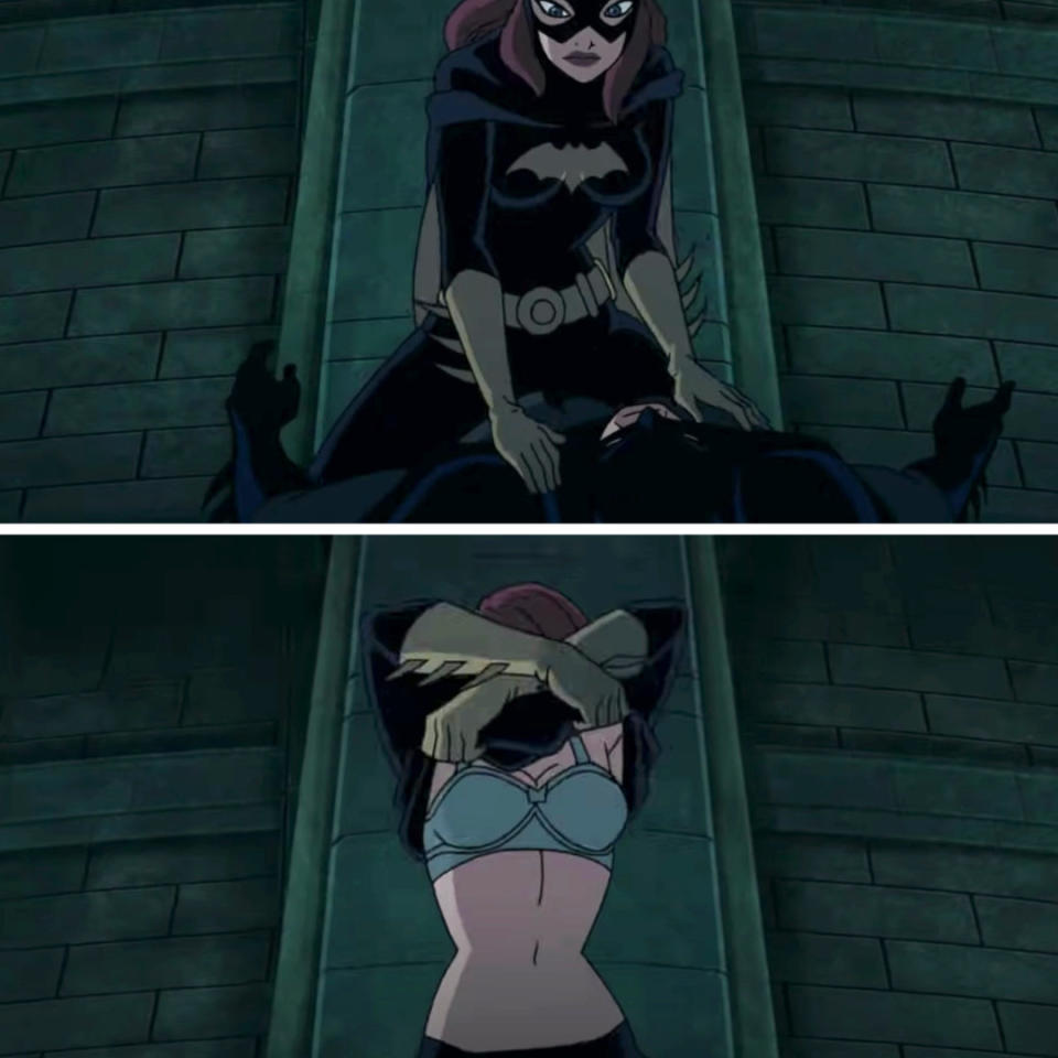 Batgirl straddles Batman and takes off her shirt