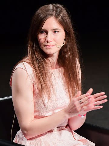 <p>VINCENZO PINTO/AFP/Getty</p> Amanda Knox during a panel panel discussion titled "Trial by Media" at the Criminal Justice Festival in 2019.