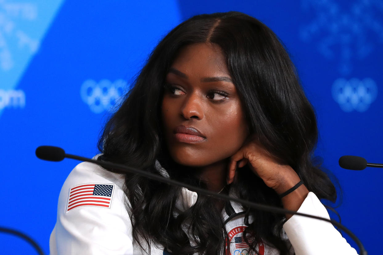 PYEONGCHANG-GUN, SOUTH KOREA - FEBRUARY 09:  Aja Evans speaks during the United States Women's Bobsleigh Team press conference ahead of the PyeongChang 2018 Winter Olympic Games at the Main Press Centre on February 9, 2018 in Pyeongchang-gun, South Korea.  (Photo by Mike Lawrie/Getty Images)