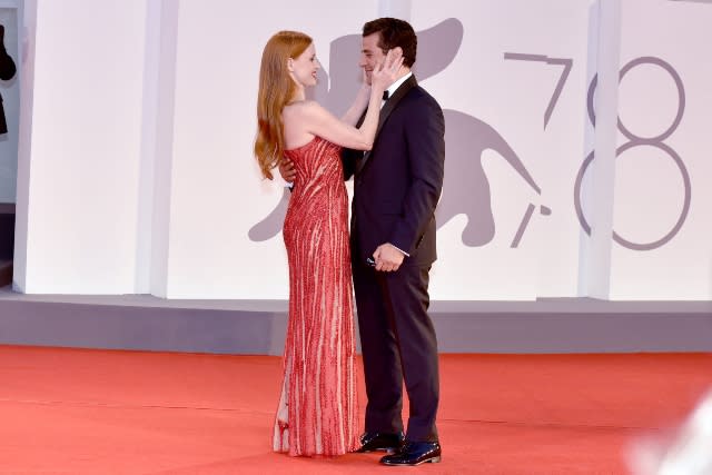 Jessica Chastain and Oscar Isaac attend the red carpet of the movie "Competencia Oficial" and "Scenes from a Marriage" during the 78th Venice International Film Festival