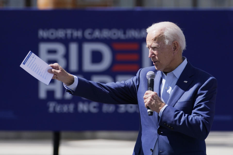 FILE - In this Sept. 23, 2020, file photo Democratic presidential candidate former Vice President Joe Biden speaks during a Biden for President Black economic summit at Camp North End in Charlotte, N.C. The final stretch of a presidential campaign is typically a nonstop mix of travel, caffeine and adrenaline. But as the worst pandemic in a century bears down on the United States, Joe Biden is taking a lower key approach. (AP Photo/Carolyn Kaster, File)