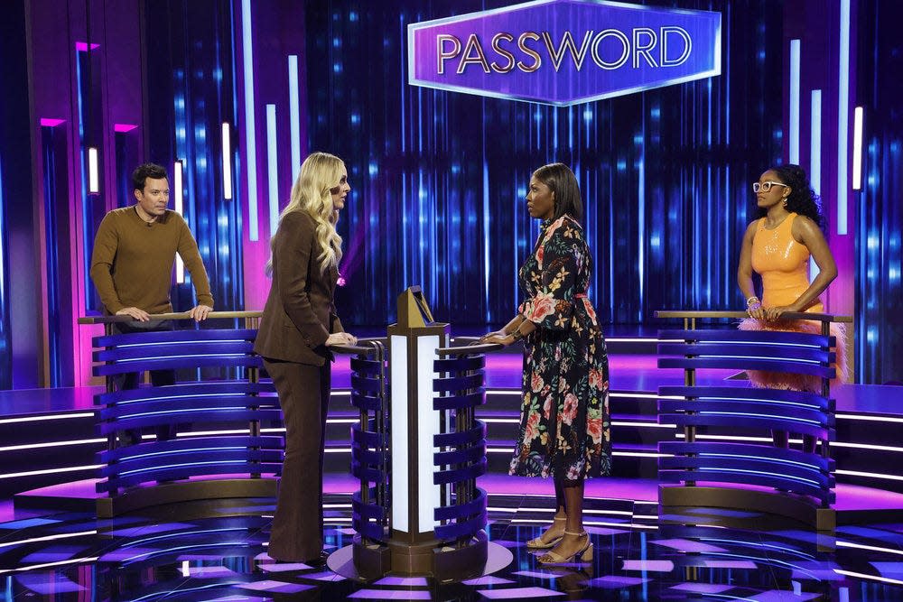 Jimmy Fallon, Lindsey Vonn, contestant Jackie Galgey of Atlantic Highlands and Keke Palmer on "Password."