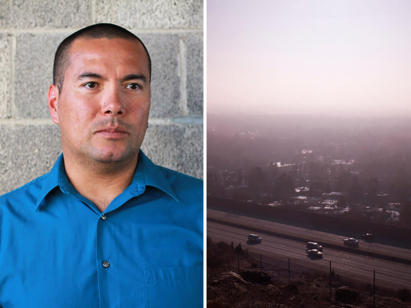  Daniel Mendoza, an air pollution and health researcher, has documented disparities in air pollution between east and west Salt Lake City. From right, Vehicles drive along a highway as smog lingers over Salt Lake City. (NBC News/Phil Gates/Alamy)