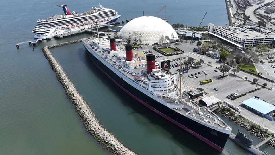 An aerial view of the Queen Mary and Spruce Goose Dome, Monday, April 17, 2023, in Long Beach, Calif. (Kirby Lee via AP)