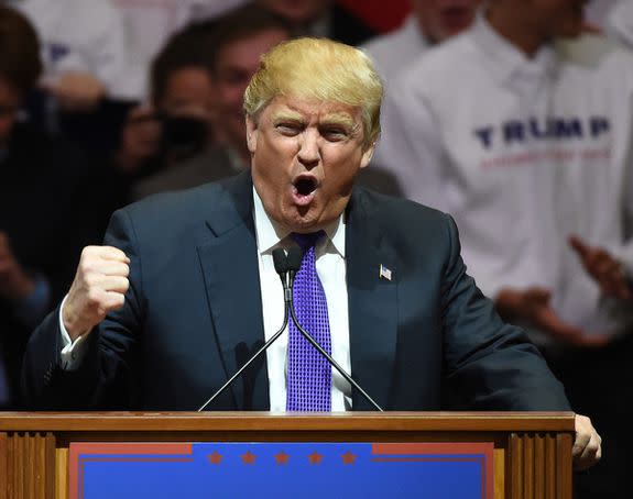 At a February 2016 rally in Las Vegas, something about the lighting gives Trump an even more authoritarian feel than usual.