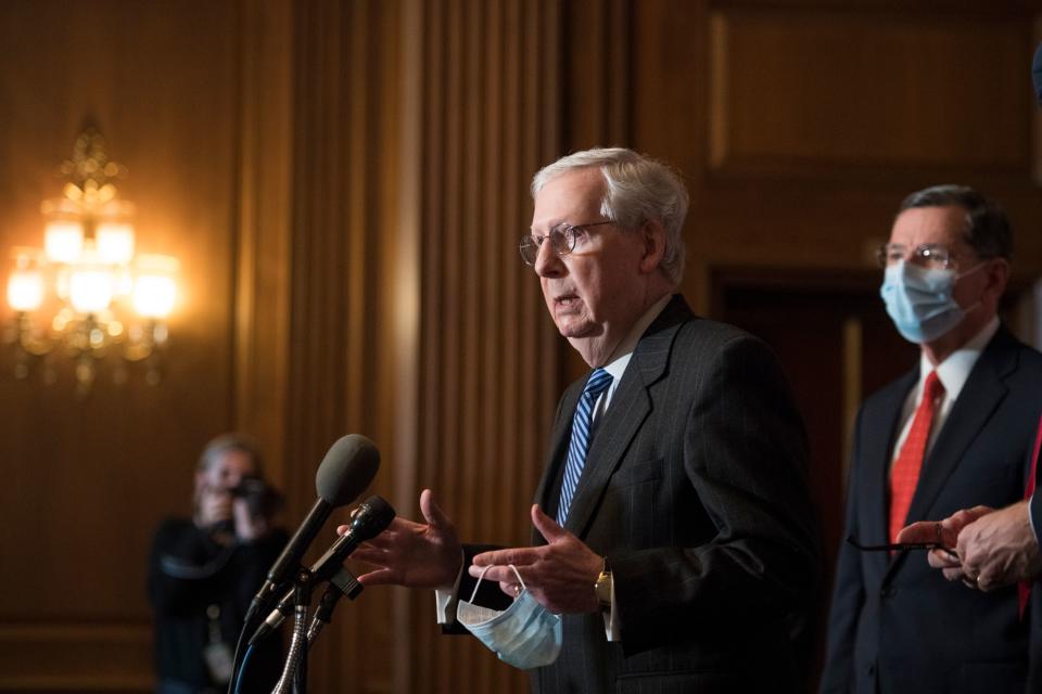 US Senate Majority Leader Mitch McConnell speaks during a news conference with other Senate Republicans at the US Capitol in Washington, DC, on December 15, 2020. (Photo by Rod LAMKEY / POOL / AFP) (Photo by ROD LAMKEY/POOL/AFP via Getty Images)