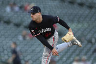 Minnesota Twins pitcher Cole Sands throws against the Detroit Tigers in the ninth inning during the second baseball game of a doubleheader, Saturday, April 13, 2024, in Detroit. (AP Photo/Paul Sancya)