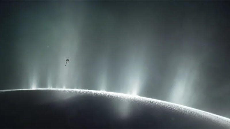 An artist’s impression of Cassini flying through Enceladus’ plumes. - Illustration: <a class="link " href="https://science.nasa.gov/missions/cassini/the-moon-with-the-plume/" rel="nofollow noopener" target="_blank" data-ylk="slk:NASA/JPL-Caltech;elm:context_link;itc:0;sec:content-canvas">NASA/JPL-Caltech</a>