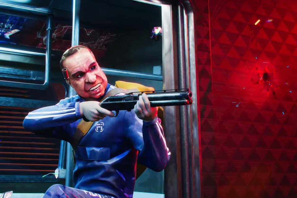 Gameplay still from the canceled multiplayer title ‘Hyenas.’ A player in a Richard Nixon mask holds a shotgun, aiming for an unseen enemy. Futuristic setting.