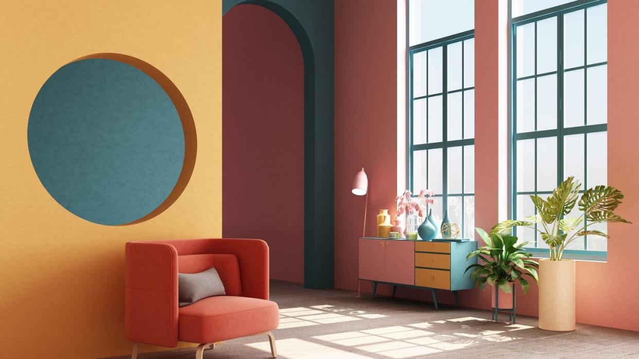 interior concept of memphis design colorful, armchair with console and prop 3d render