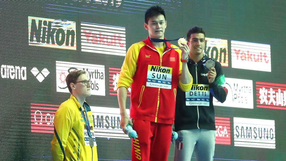 Australia's silver medallist Mack Horton refused to share the podium with Sun Yang. Pic: Getty