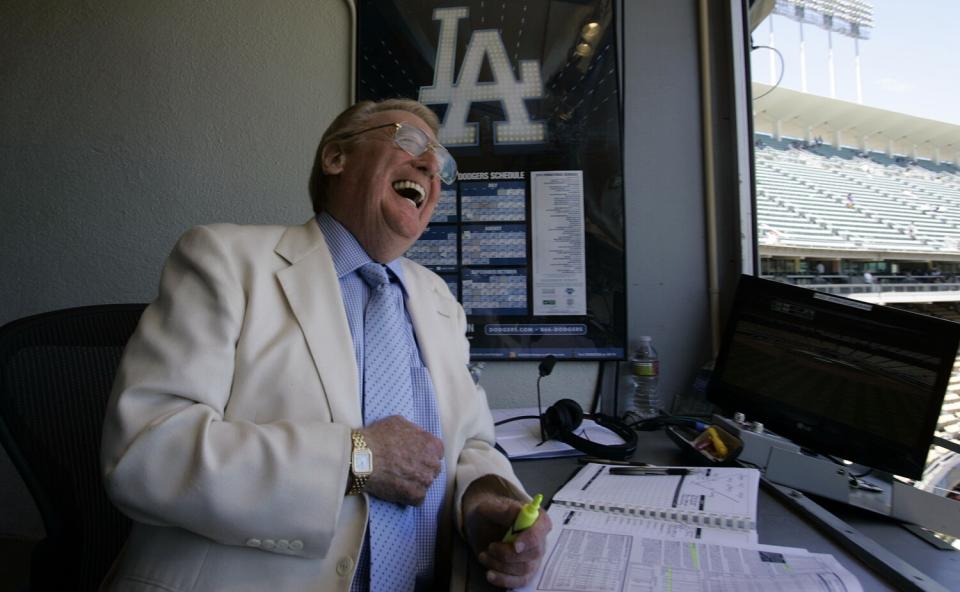 Hall of Fame Dodger announcer Vin Scully in his announcing booth in 2010.