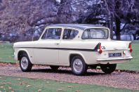 <p>The Anglia 105E was a very different car to the one it shared a name with and replaced in 1959. Where its predecessor had ushered in the idea of full-width styling, the 105E was a touch of fins-and-flash thanks to its US-influenced appearance. The distinguishing feature of the Anglia saloon was its reverse angle rear window, which earned the car the nickname of ‘Anglebox’. </p><p>This helped the rear screen remain clear and clean when it rained, which was become more important as faster roads opened up in Europe in the 1960s. To further cope with these quicker routes, Ford introduced the 123E version with larger 1197cc engine in 1963 with a top speed of 85mph. Ford sold more than 1 million across all Anglias of this generation.</p>