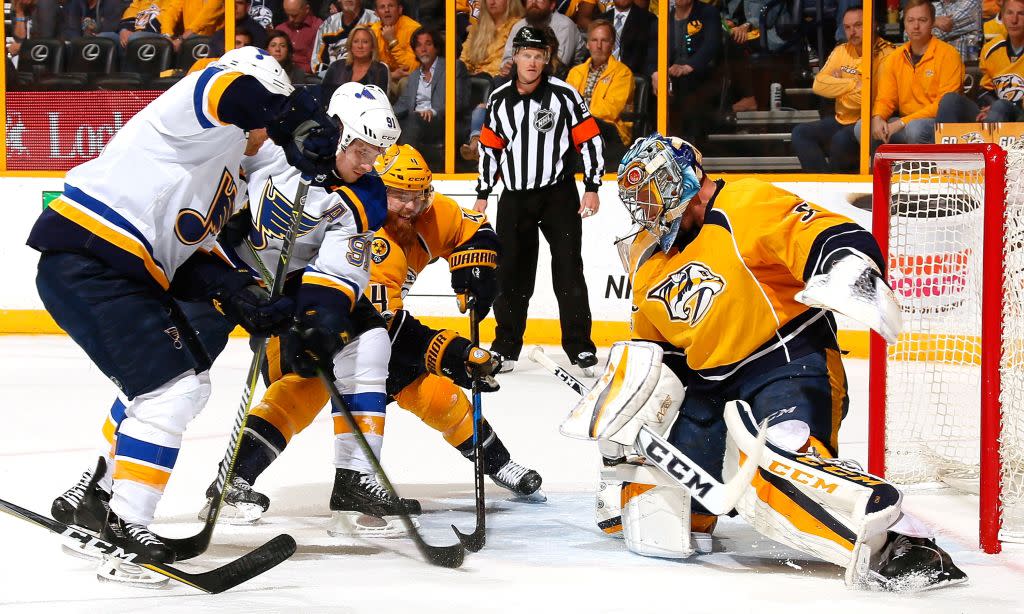 NASHVILLE, TN – MAY 02: Goalie Pekka Rinne #35 of the Nashville Predators makes a save against Vladimir Tarasenko #91 of the St. Louis Blues during the second period of Game Four of the Western Conference Second Round during the 2017 NHL Stanley Cup Playoffs at Bridgestone Arena on May 2, 2017 in Nashville, Tennessee. (Photo by Frederick Breedon/Getty Images)