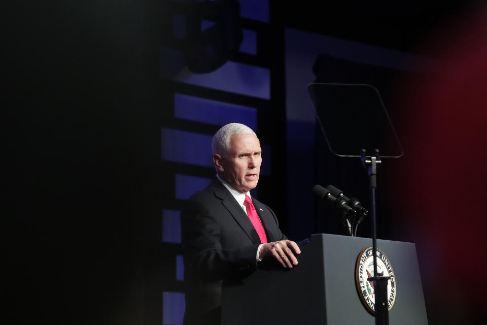 Vice President Mike Pence speaks at Iglesia Doral Jesus Worship Center on the political crisis in Venezuela on Friday, Feb. 1, 2019, in Doral, Fla. (AP Photo/Brynn Anderson)