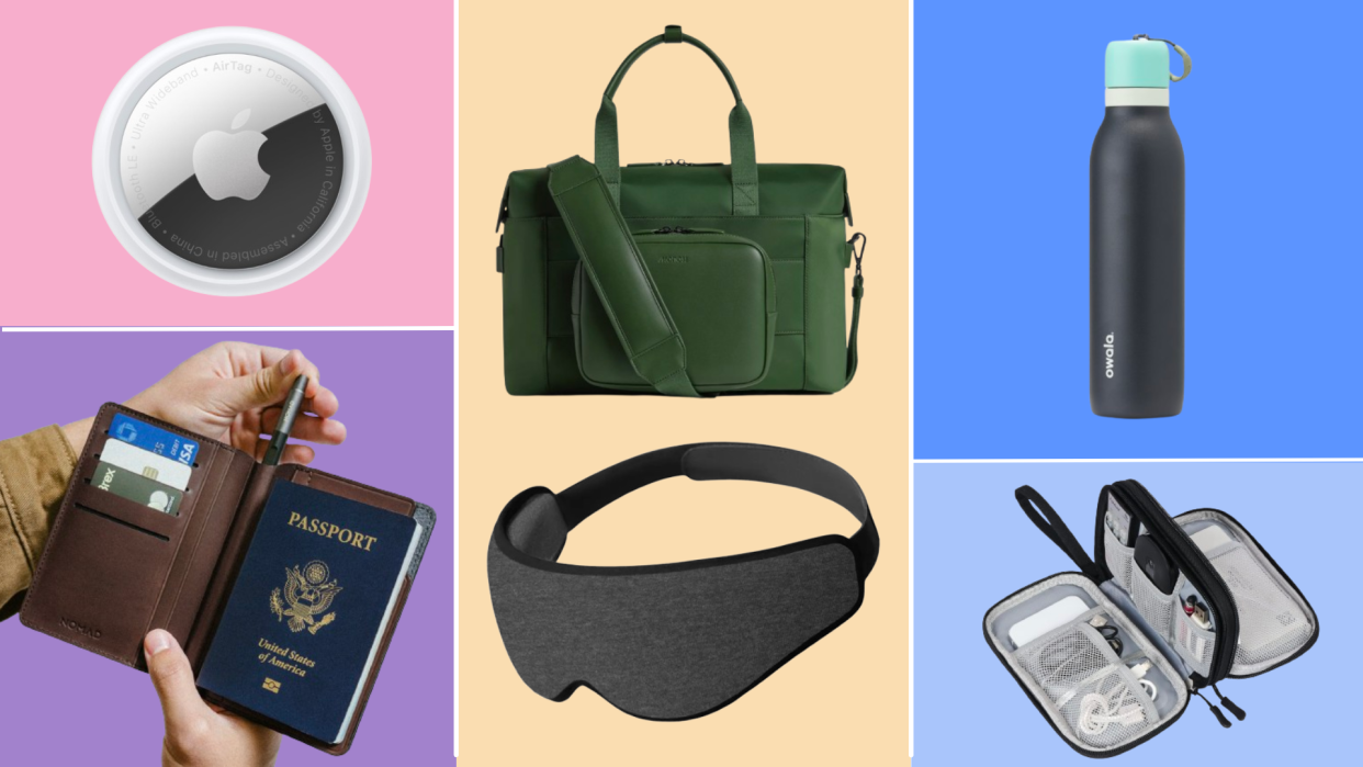 Apple AirTag; Odwalla bottle, Nomad Goods passport wallet