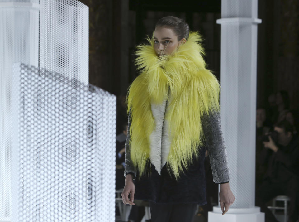 A model presents a creation for Vionnet's Ready to Wear's Fall-Winter 2013-2014 fashion collection, presented, Wednesday, March 6, 2013 in Paris. (AP Photo/Thibault Camus)