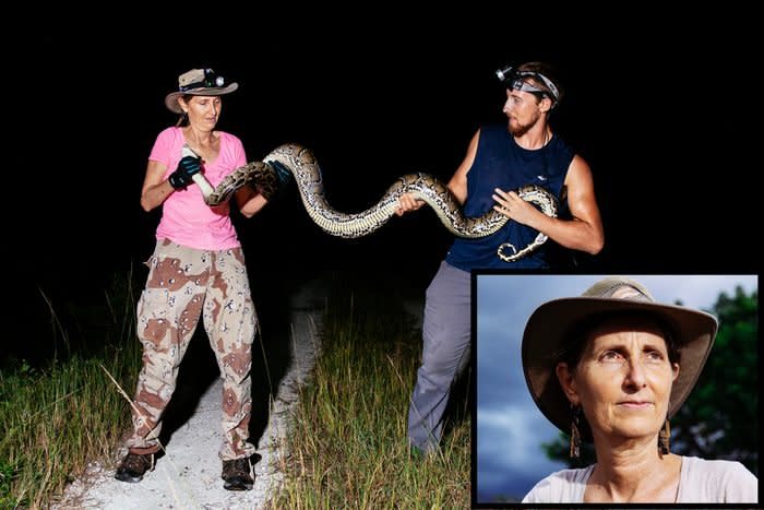 Kalil, bottom right and at top left with a colleague handling a snake.