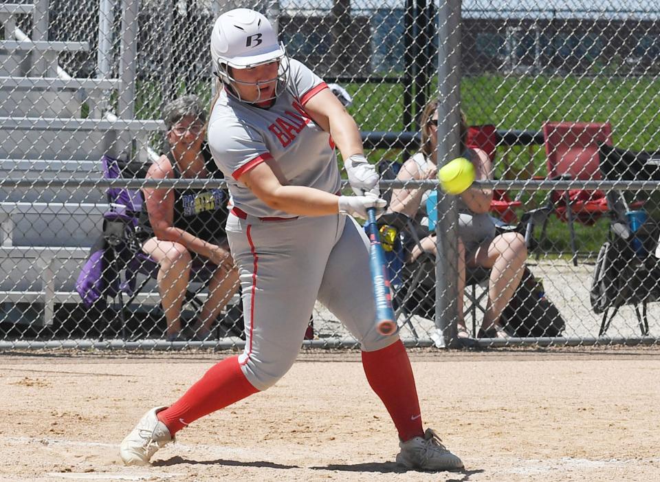 Ballard's Maggie McCrady hits the ball for a single during the third inning against Central Spring at Ballard High School Softball field Friday, June 3, 2022, in Huxley Iowa.