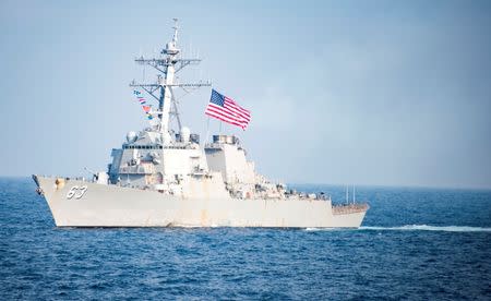 FILE PHOTO: The Arleigh Burke-class guided-missile destroyer USS Stethem transits waters east of the Korean peninsula during a photo exercise including the United States Navy and the Republic of Korea Navy during Operation Foal Eagle March 22, 2017. U.S. Navy/Mass Communication Specialist 3rd Class Kurtis A. Hatcher/Handout via REUTERS